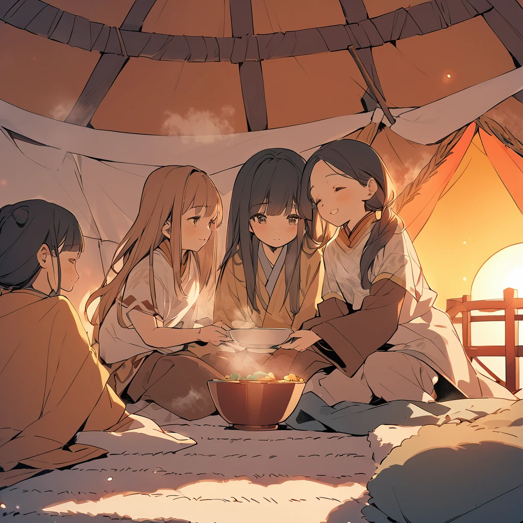 A warm-toned, pastel-style illustration depicting a cozy scene inside a traditional Mongolian yurt. Two young sisters with sun-kissed faces are sitting around a steaming bowl of soup. They are wearing loose-fitting, traditional Mongolian attire that reveals their midriffs. The sisters have gentle smiles on their faces, radiating warmth and comfort within the nomadic tent, or 'ger.' The overall atmosphere is one of familial bond and cultural richness.A brown fur rug on the ground