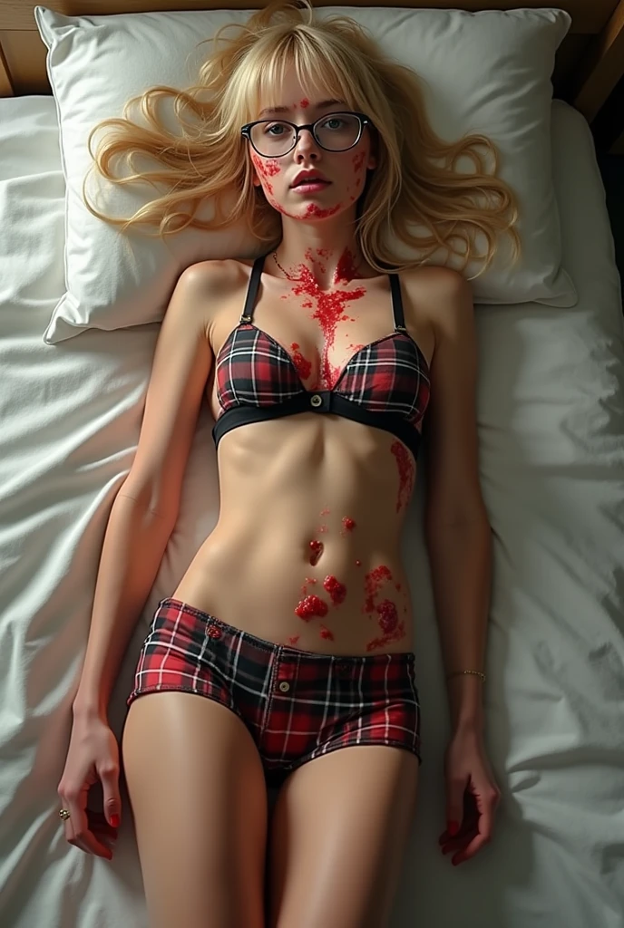 beautiful sexy little tween AnnaSophia Robb school girl, thin, long blonde hair, blue eyes, nice bottom, nice bottom, big red lips, dressed like a whore, tiny short blue plaid skirt, wearing only lingerie, scared, nice legs, nice bottom, lying on bed with legs opened, ultra realistic, wearing glasses, wearing cropped top, fit, pony tail, ful body image, awesome fit body, viewed from above, missionary pose, thick over her face, cum on face, bukakke, facialized, semen on all her face, cumshot, cum shot, ultra wide angle