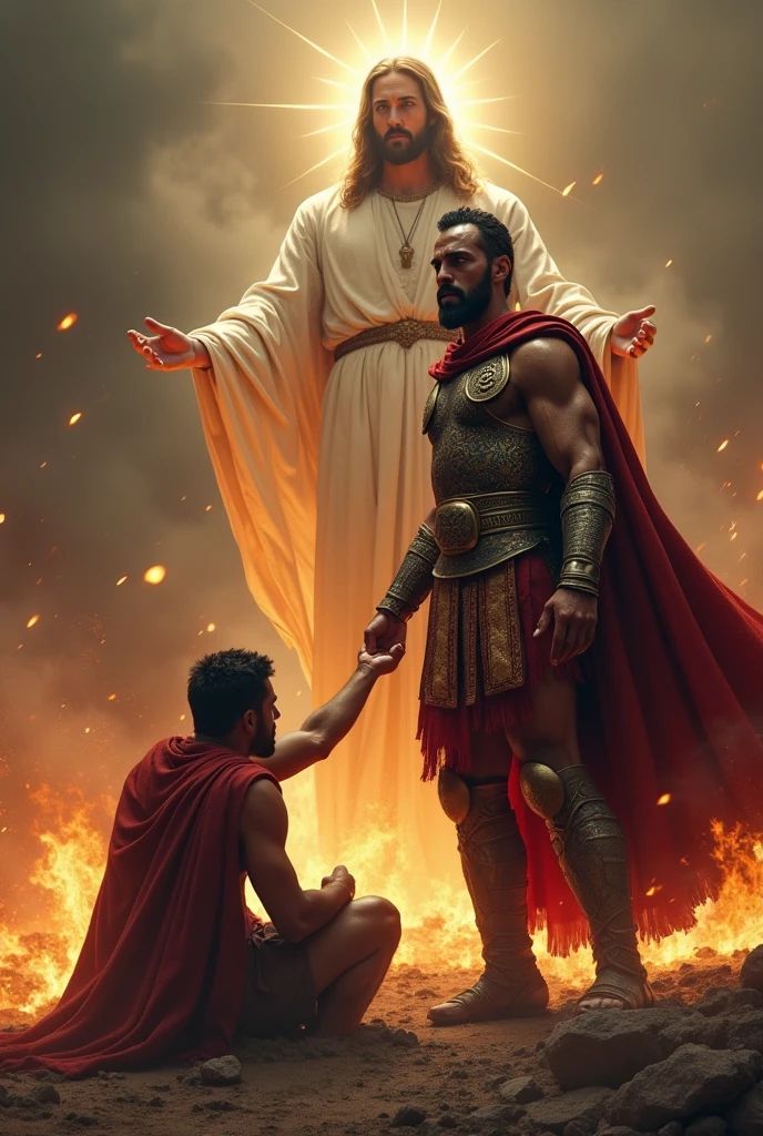Generates a Spartan armor extending his hand to a depressed and finished man while looking at him with determination and the background is on fire and Jesus Christ is behind the Spartan