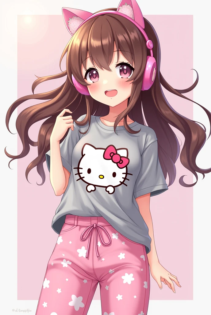 Female anime character brown hair pink cat headphones grey hello kitty shirt and pink hello kitty pants 