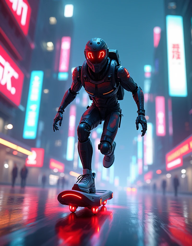 (masterpiece:1), 8K, unreal engine, hyperrealistic, reflexions/refraction, (HDRI illumination), "An intrepid cyborg/bionic/hero running on a flying hoverboard, ((nuclear/electromagnetic (quantum driven)), with futuristic sneakers from the year 3000, cyberpunk atmosphere, neon city lights, he is wearing and armour cyber-futuristic military grade.