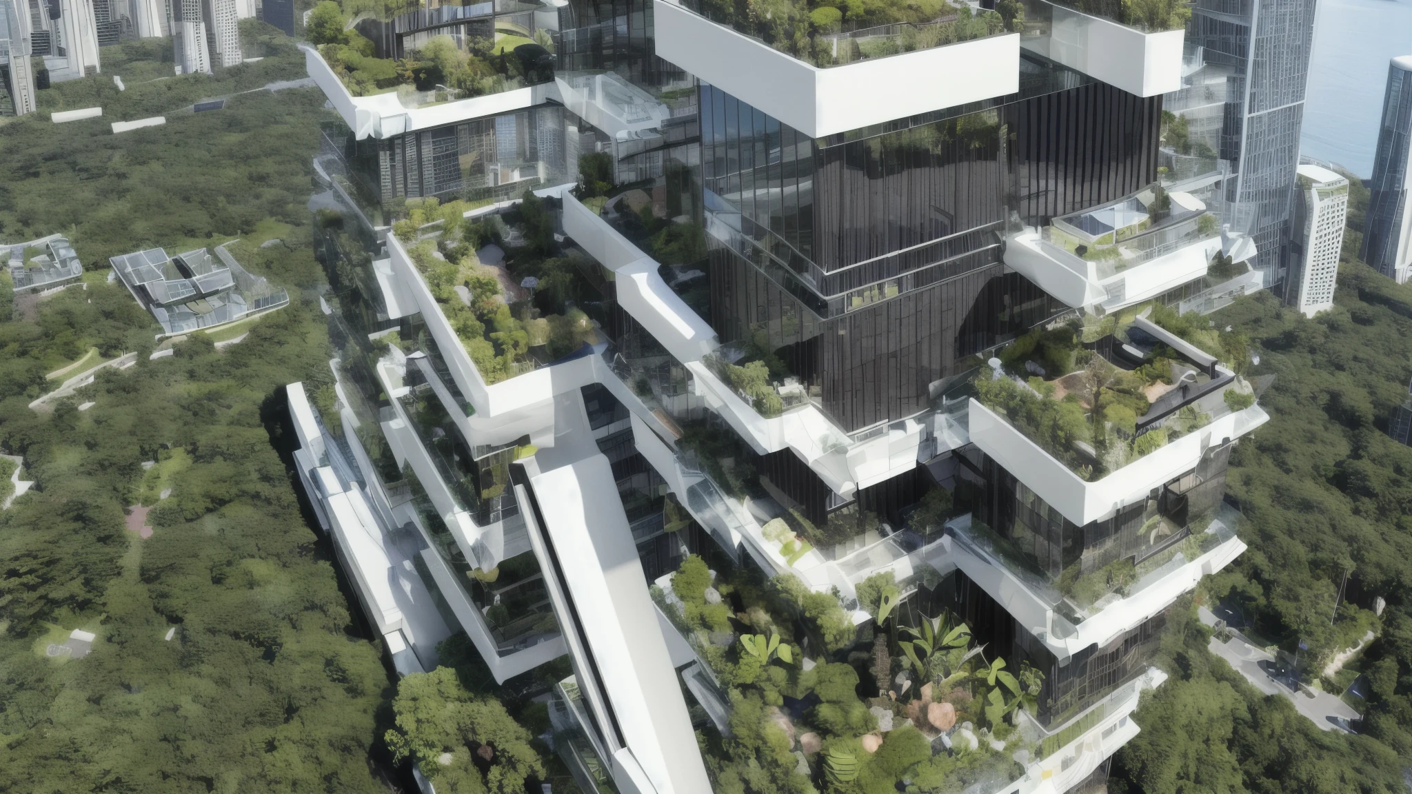 8k、super high quality、masterpiece、Ultra-realistic、In the middle of a skyscraper、An urban landscape with sky gardens。In the glass building、Plants and small forests are incorporated、There is a space where residents can relax in nature.。Aerial elevators crisscross the sky。