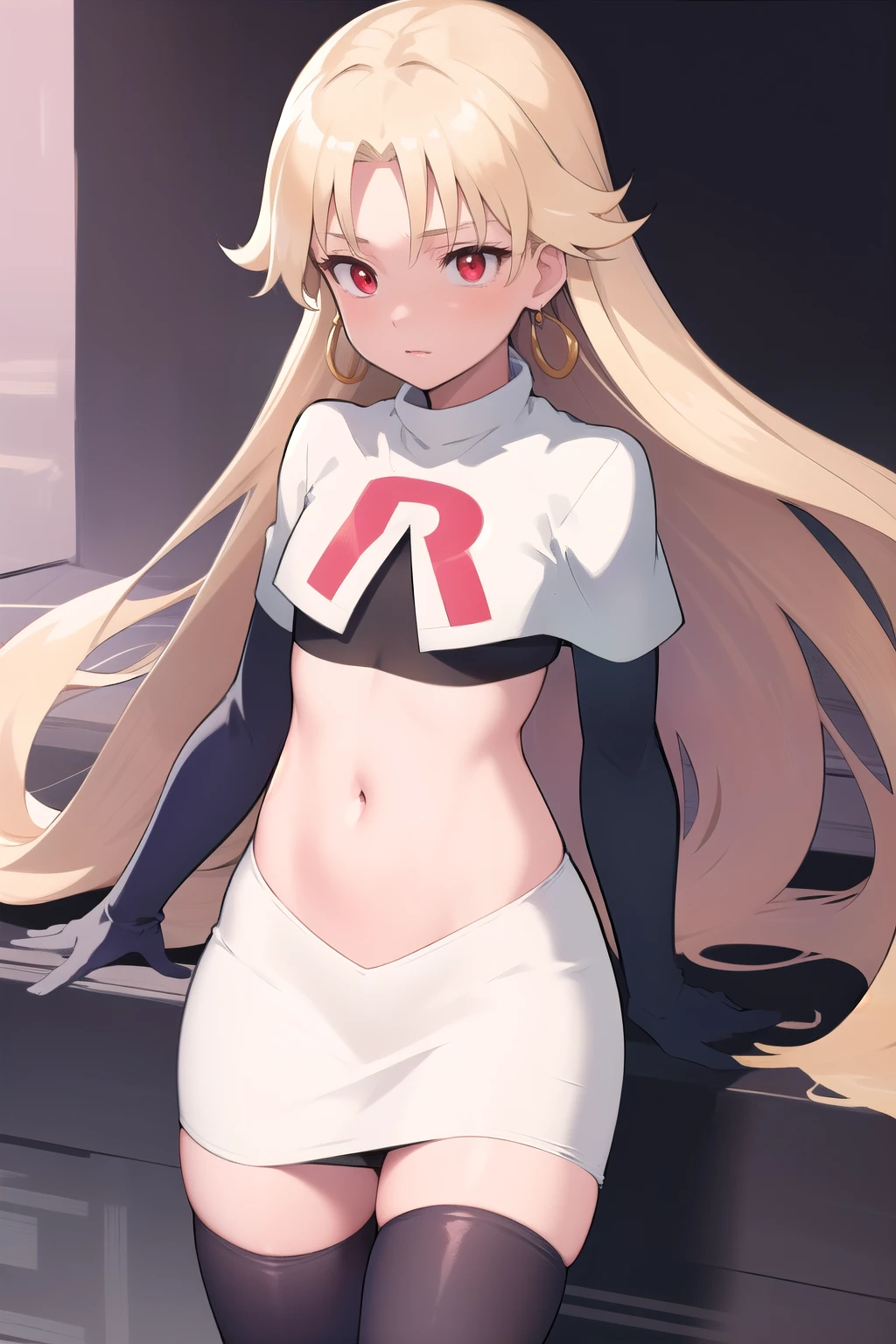 best quality, (masterpiece:1.2), illustration, absurdres,
(1girl, solo), (beautiful detailed girl), (cowboy shot),,
Roselia Millstein, blond hair, very long hair, red eyes, flat chest,
earrings, team rocket,team rocket uniform,white skirt,red letter R,crop top,black thigh-highs,black elbow gloves,
