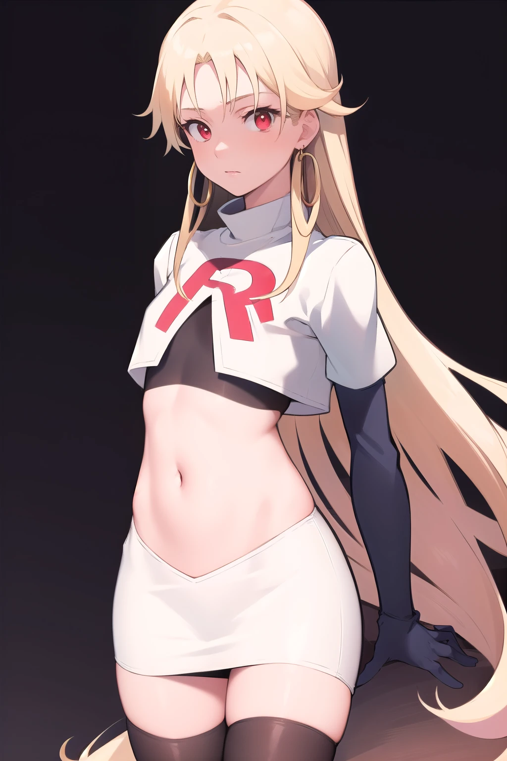 best quality, (masterpiece:1.2), illustration, absurdres,
(1girl, solo), (beautiful detailed girl), (cowboy shot),,
Roselia Millstein, blond hair, very long hair, red eyes, flat chest,
earrings, team rocket,team rocket uniform,white skirt,red letter R,crop top,black thigh-highs,black elbow gloves,