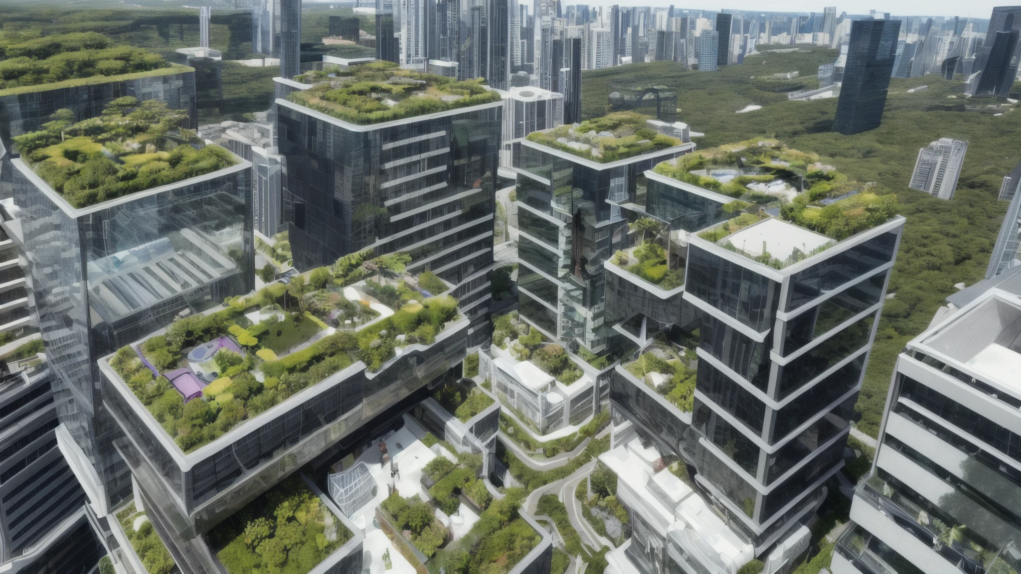 8k、super high quality、masterpiece、Ultra-realistic、In the middle of a skyscraper、An urban landscape with sky gardens。In the glass building、Plants and small forests are incorporated、There is a space where residents can relax in nature.。Aerial elevators crisscross the sky。