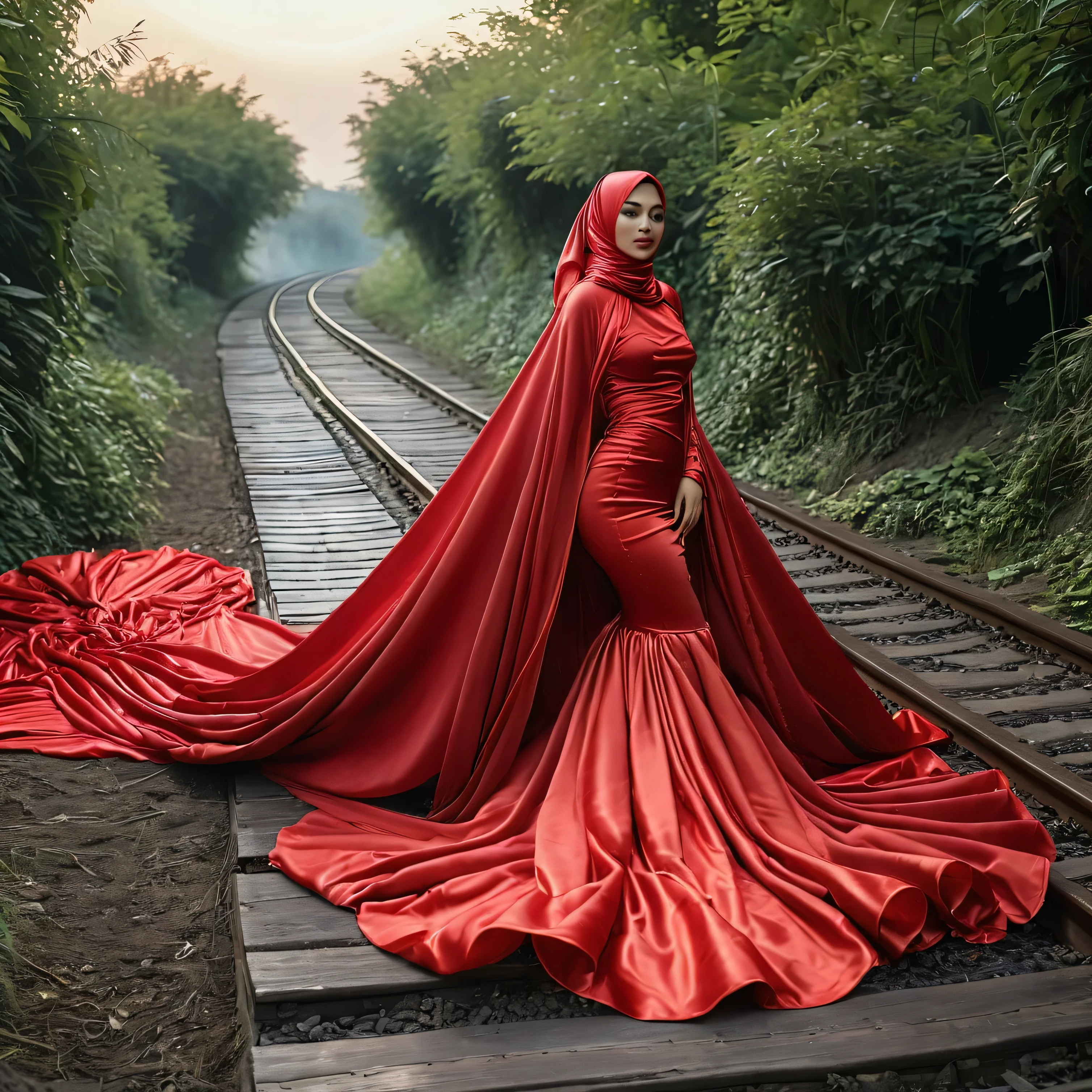 A woman shrouded in a 10-meter-long, plush red satin cloth, tightly bound and grandly draping along the form of her body, flowing off into a pooled floor-length train, styled in a mermaid-inspired outfit, her head modestly veiled in a satin hijab, tall woman, outdoor, a full-body pose conveying a sense of mysterious elegance, captured in a 4k resolution, ultra-realistic