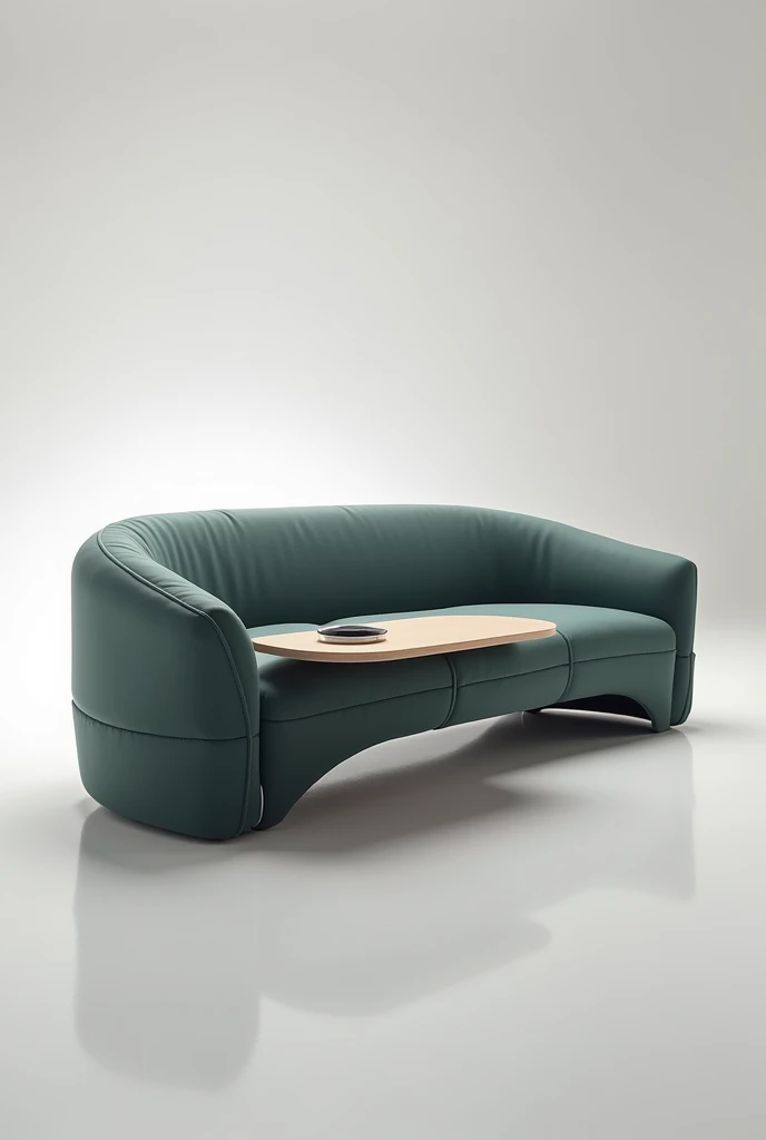 A modern two-person sofa , futurist whose motto is the encounter ,in modules ,curved shapes, with integrated table