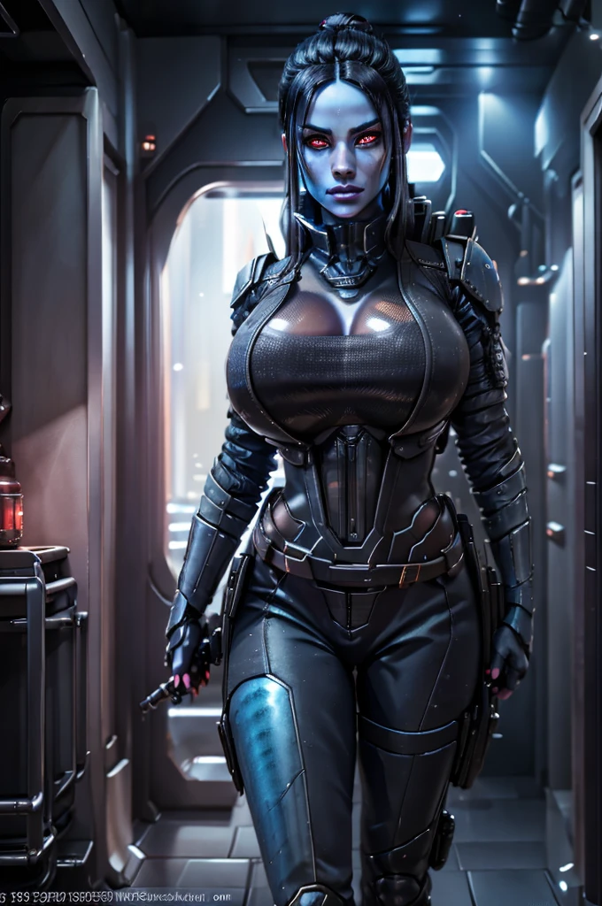 A female Chiss with blue skin, black hair, and red eyes, wearing a black jumpsuit, tool belt, in a full body pose, standing next to a window in the hallway of a spaceship, (best quality,4k,8k,highres,masterpiece:1.2),ultra-detailed,(realistic,photorealistic,photo-realistic:1.37),detailed cyberpunk character, hyper realistic, highly detailed face, intricate details, dramatic lighting, sci-fi, cinematic, moody atmosphere, cinematic lighting, dramatic lighting, vibrant colors, depth of field
