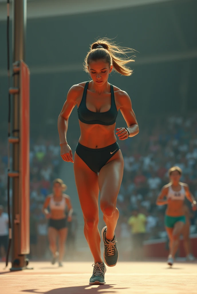 (canon 50),(Rendered by Octane),8k,, cinematic brilliance, 1womanl, skin fair, eyes browns, Long light brown hair, her hair is tied up in a bun> She is an athlete and is practicing pole vaulting. She is running towards the bar holding the pole towards the obstacle. She has an athletic build, with very defined abdomen, well-defined arms and thick, muscular legs. He is wearing special pleated athletic shoes.