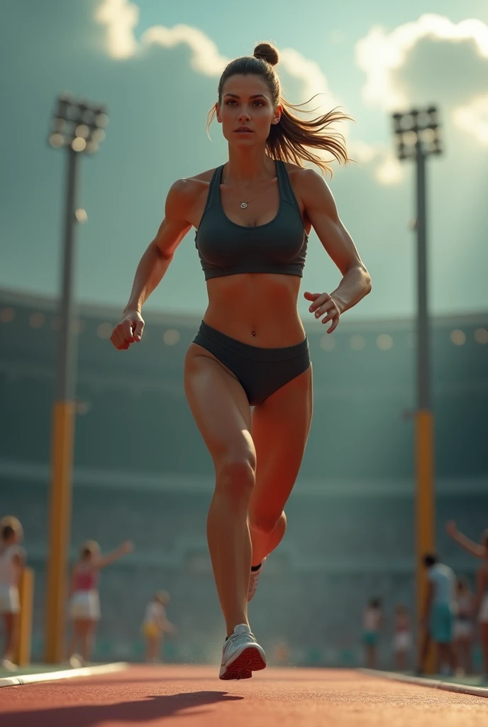 (canon 50),(Rendered by Octane),8k,, cinematic brilliance, 1womanl, skin fair, eyes browns, Long light brown hair, her hair is tied up in a bun> She is an athlete and is practicing pole vaulting. She is running towards the bar holding the pole towards the obstacle. She has an athletic build, with very defined abdomen, well-defined arms and thick, muscular legs. He is wearing special pleated athletic shoes.