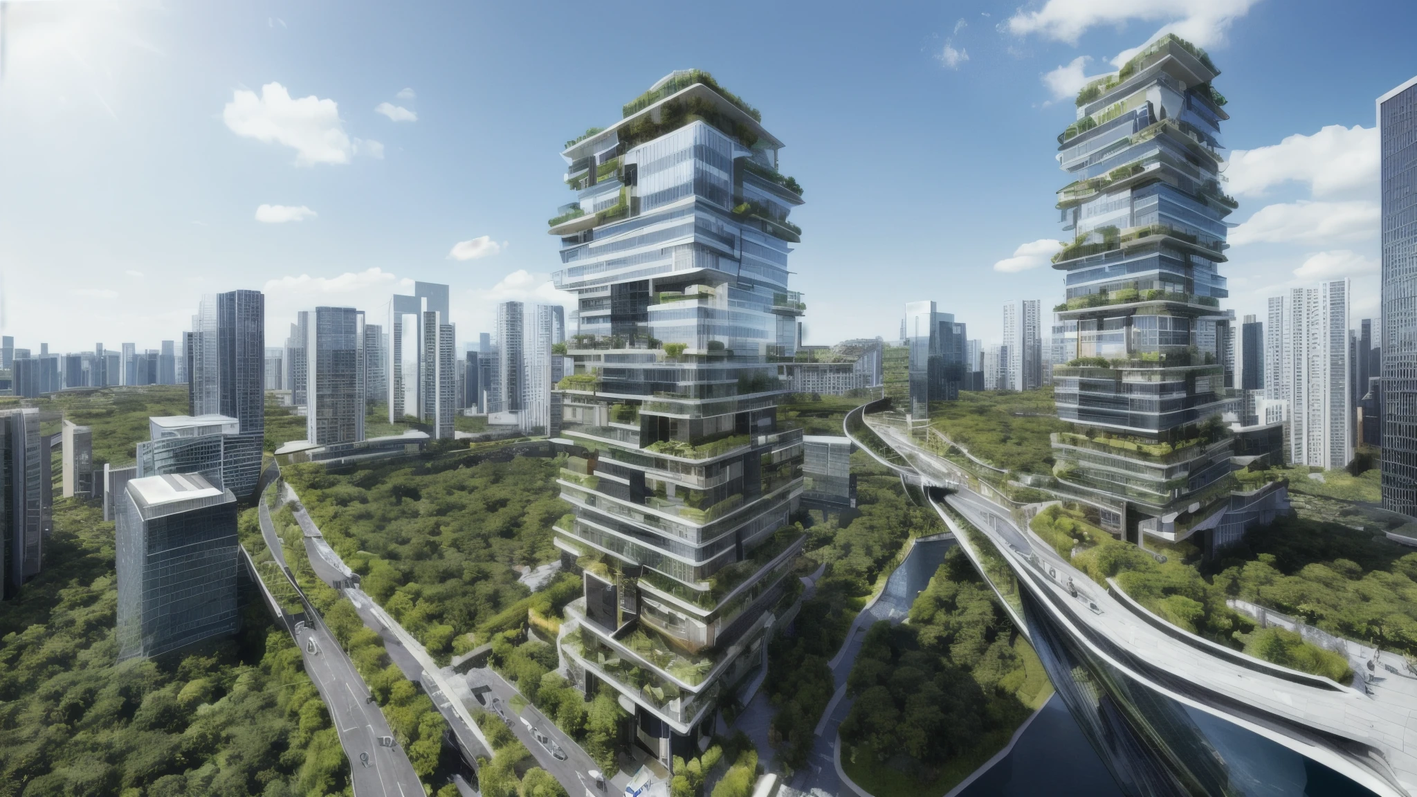 8k、super high quality、masterpiece、Ultra-realistic、In the middle of a skyscraper、An urban landscape with sky gardens。In the glass building、Plants and small forests are incorporated、There is a space where residents can relax in nature.。Aerial elevators crisscross the sky。