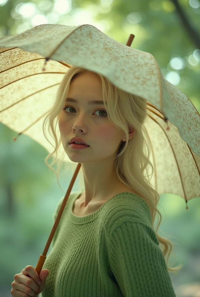 Woman with small eyes, Oval face, light hair in umbrella wearing a green sweater