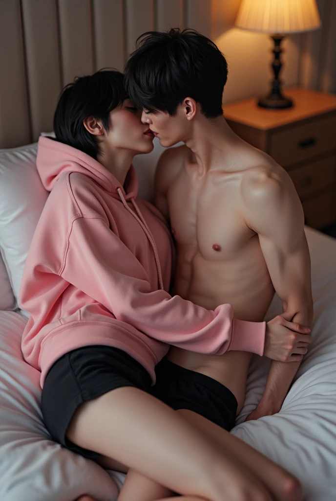 guys,,,men,,,dos men,,,beautiful,,,thin,,clear skin,,,slender,,,delicate,,,room,,,bed,,,,cute boy in provocative short black shorts,,,,sexy legs,,,, pink hoodie,,,,,short black hair,,,, sentado sobre un hombre desnudo acostado en la bed y erecto