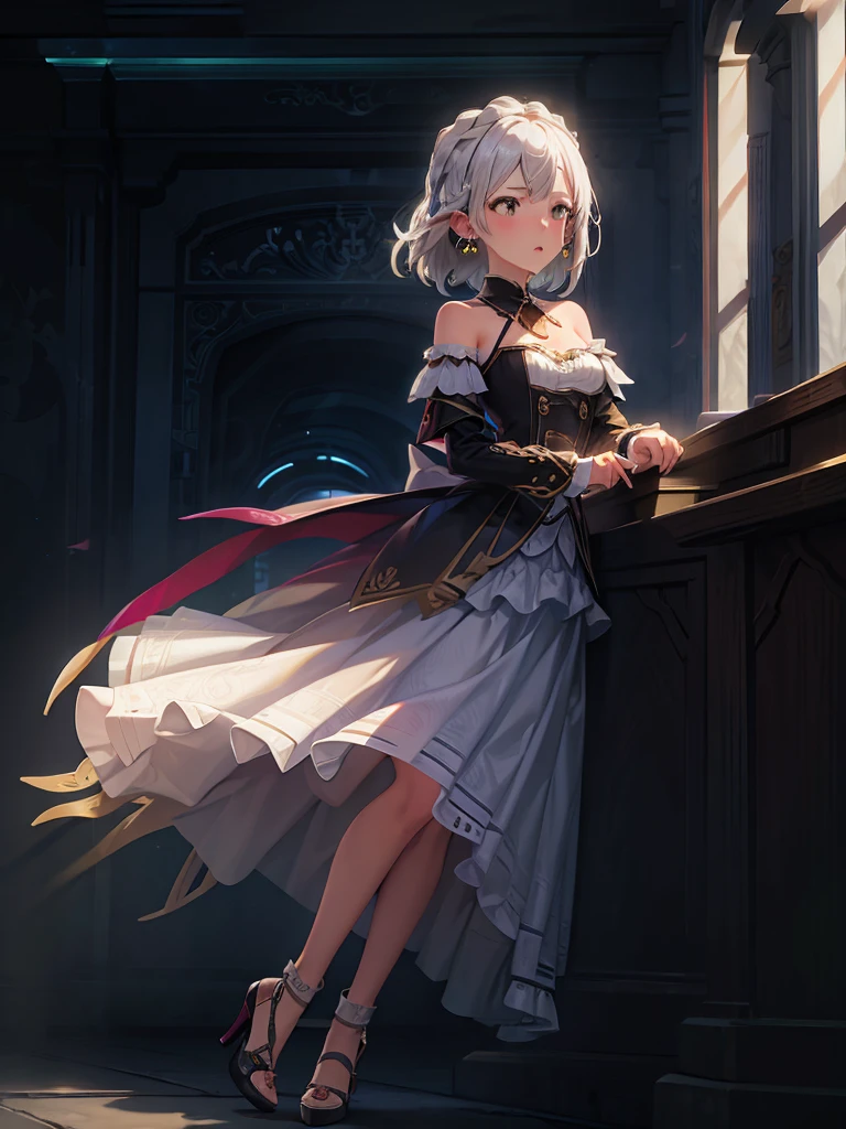 1girl, solo, Wedding dress, white hair, blushing, earrings, masterpiece, high heels, earrings, ribbons, bowe, stockings, neckless