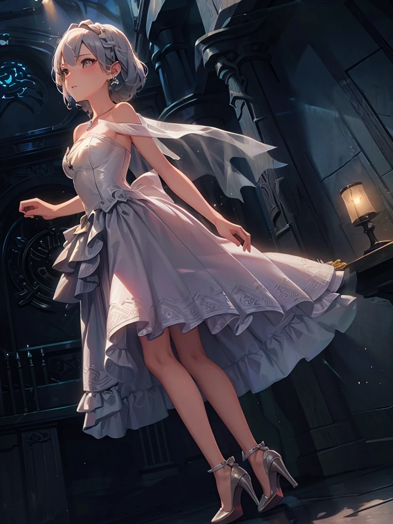 1girl, solo, Wedding dress, white hair, blushing, earrings, masterpiece, high heels, earrings, ribbons, bowe, stockings, neckless