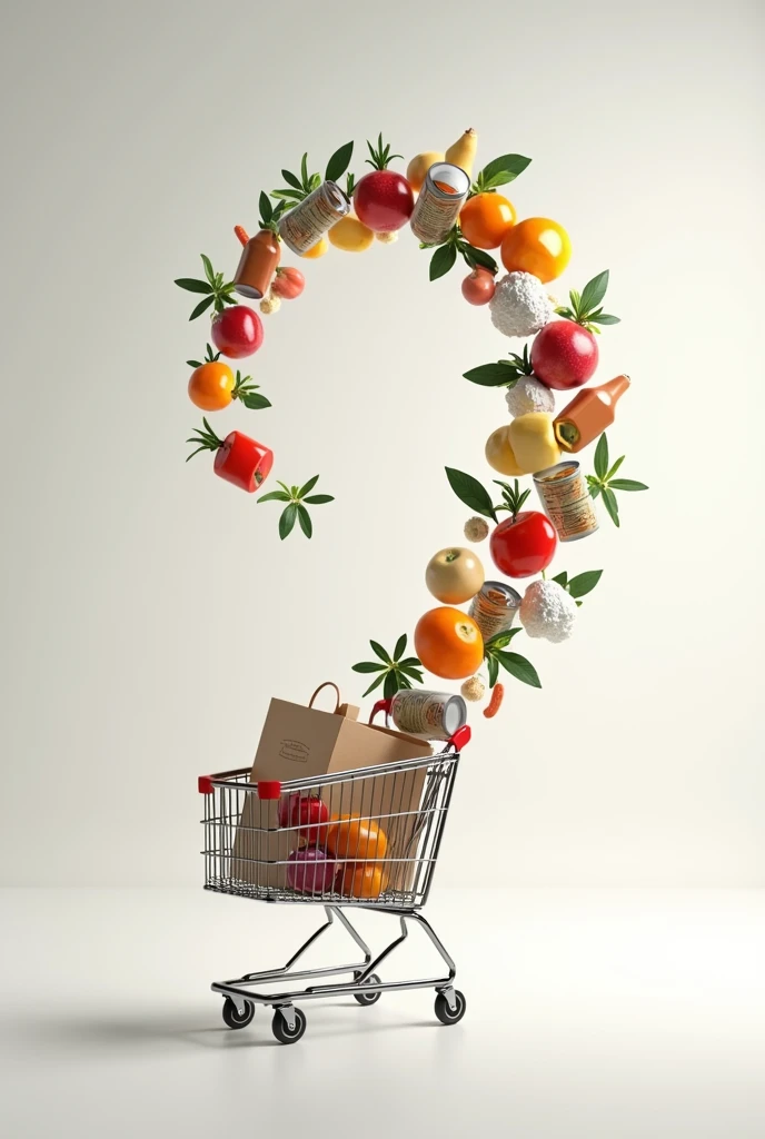 I want an image of supermarket products floating in the air in an arc shape as if they were going from the supermarket cart to a shopping bag.
