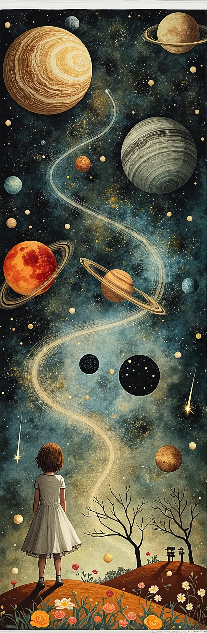 This image portrays a whimsical and surreal space scene where the solar system is depicted in an artistic and non-scientifically accurate manner. The planets are oversized and stylized, featuring swirling patterns and bright colors. A young person stands in the foreground on a hill overlooking a small town, gazing up at the sky filled with these fantastical planets, stars, comets, and cosmic trails that spiral down towards the horizon. The overall atmosphere is dreamlike, with elements of nature such as flowers and a leafless tree blending into the cosmic vista.
