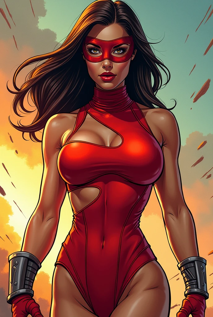 Create an image ,of a very attractive lady, with her flirtatious face, with a tight red suit with a mask, very similar to an Amazon from Greek mythology in comic form