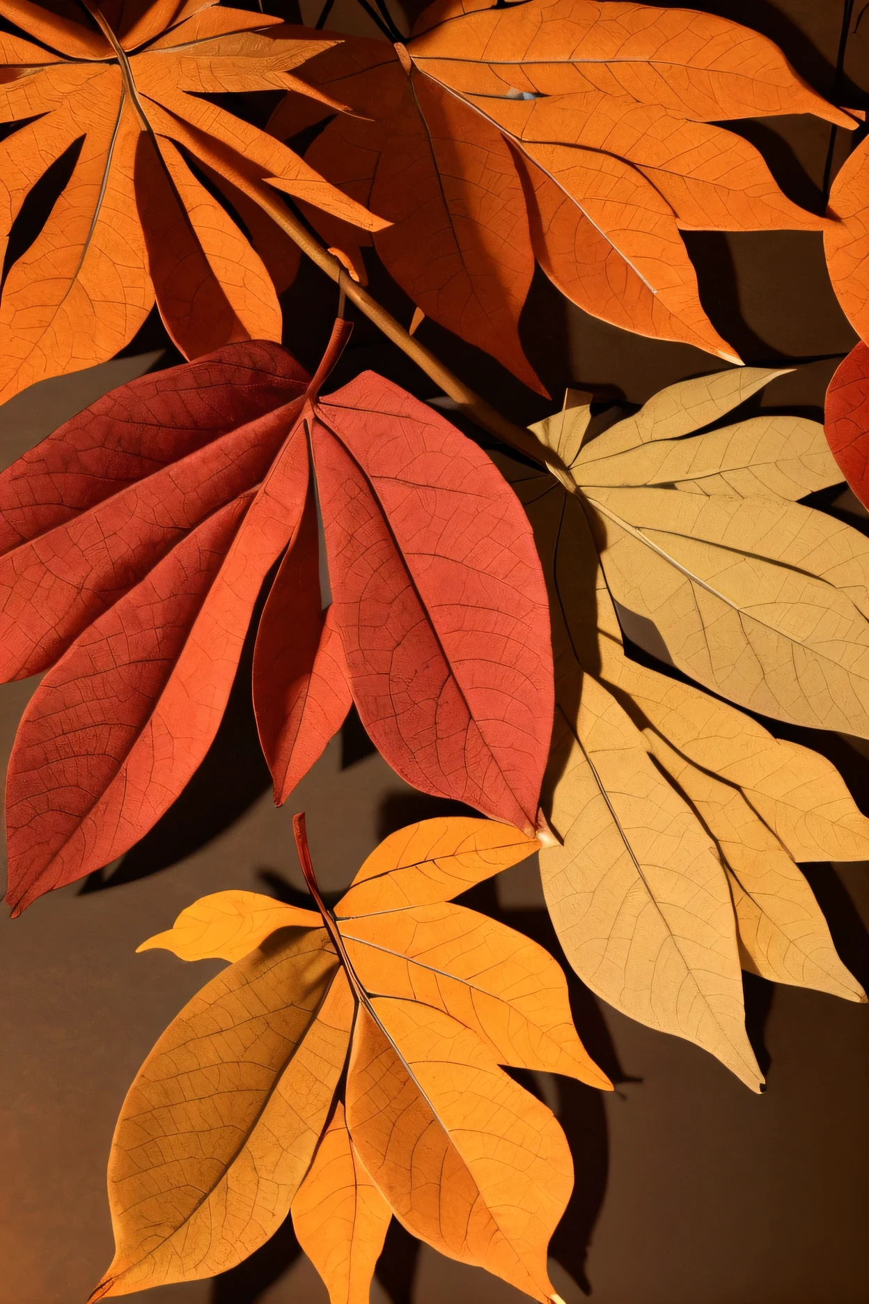 a beautiful autumn leaf, intricate leaf veins, detailed leaf texture, falling leaves, nature scenery, natural lighting, vibrant colors, warm color palette, studio lighting, detailed rendering, 8k, high resolution, photorealistic, masterpiece