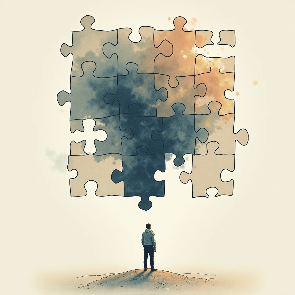 As more pieces fit into place, the puzzle transforms into a beautiful picture, representing the transformation of one's life, Illustration Drawing Stoicism