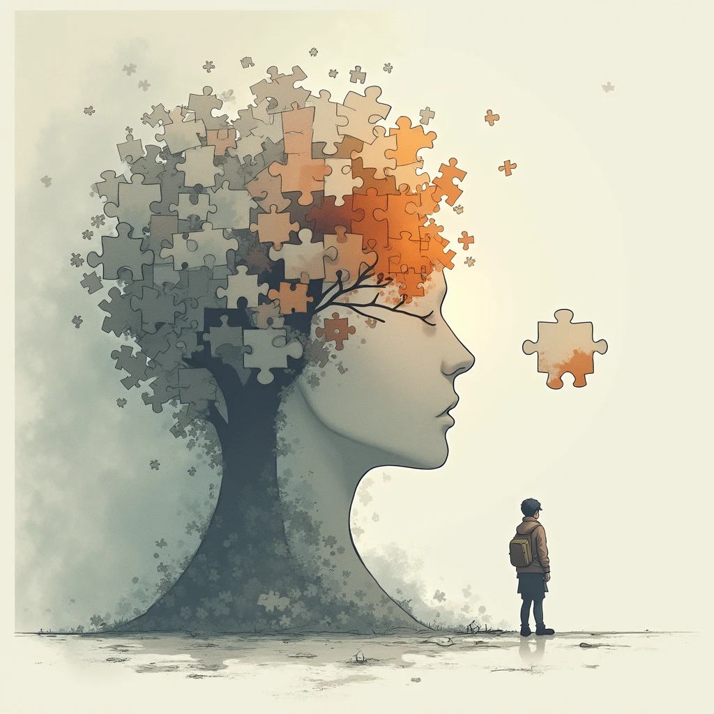 As more pieces fit into place, the puzzle transforms into a beautiful picture, representing the transformation of one's life, Illustration Drawing Stoicism