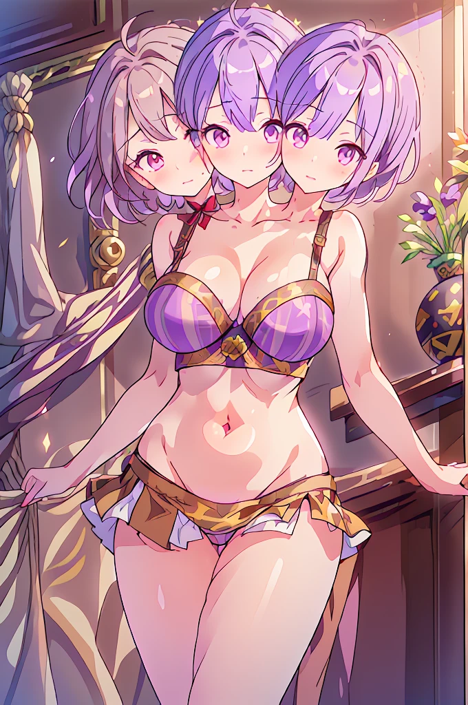 (masterpiece, best quality), best quality, (ultra-detailed), (3heads:1.5), three headed girl, 1girl, (shinmyoumaru sukuna:1.3), masterpiece, best quality, ultra quality, ultra resolution, pink top with a pinstripe pattern, crop top, ((stomach)), midriff, ((groin)), pink skirt a pinstripe pattern, normal ears, shackles, (short lavender hair:1.5), short hair, wearing a bowl atop on head, lavender eyes with brown flecks, very detailed eyes, parted lips, beautiful eyes, smiling, cute smile, soft smile, cute, toned belly, hand on own chest, eyelashes, (24 year old woman:1.3), (masterpiece:1.5), (best quality:1.5), (beautiful detailed), extremely detailed CG, extremely delicate and beautiful, depth of field, (finely detailed face), (perfect details:1.3), (mature female:1.3), wide pelvis, slender, large veiny breast, 16k resolution, highres, high quality, high definition, extremely detailed, masterpiece, short lavender hair, short hair, alluring presence, small bangs, short skirt, close up, very big breasts, huge breasts, young, three heads, girl with three heads, three headed girl,