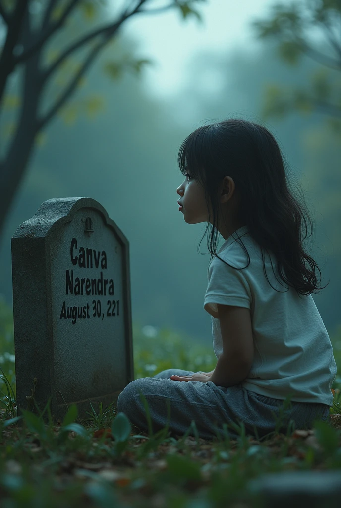 A girl sitting daydreaming looking at a gravestone with the words "Canva Narendra" and the year of death "August 30 2021"