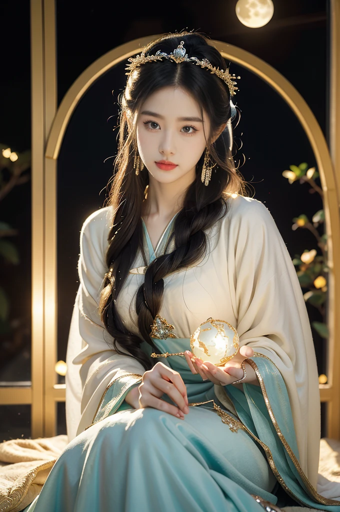 (((best quality))),(((ultra detailed))),(((masterpiece))),illustration,1girl,beautiful,fairy,Chang'e,magnificent Hanfu,jade rabbit,moon,Mid-Autumn Festival,luxurious crystal palace,face bright,beautiful and moving,exquisite patterns,gold and silver threads,flowing skirt,charming,hair accessory,silver hairpin,gemstones,brilliance,luxurious decorations,gold and silver jewelry,transparent windows,crystal balls,gemstone towers,light,bright moon,mysterious and beautiful,holding,stroking,fur,enjoy,lying still,story of Chang'e,flying to the moon,fairyland