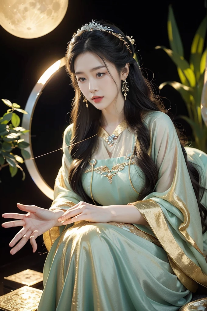 (((best quality))),(((ultra detailed))),(((masterpiece))),illustration,1girl,beautiful,fairy,Chang'e,magnificent Hanfu,jade rabbit,moon,Mid-Autumn Festival,luxurious crystal palace,face bright,beautiful and moving,exquisite patterns,gold and silver threads,flowing skirt,charming,hair accessory,silver hairpin,gemstones,brilliance,luxurious decorations,gold and silver jewelry,transparent windows,crystal balls,gemstone towers,light,bright moon,mysterious and beautiful,holding,stroking,fur,enjoy,lying still,story of Chang'e,flying to the moon,fairyland