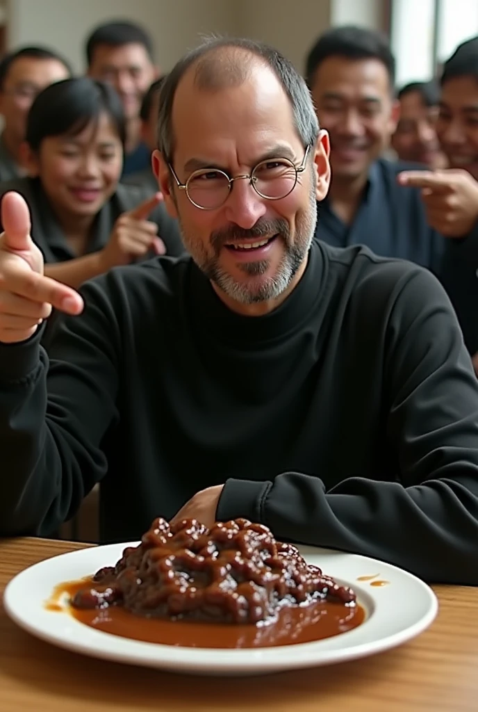 Steve Jobs eating from a plate of moist 💩. He looks angry. There's a small crowd of people standing behind him pointing at him and laughing.
