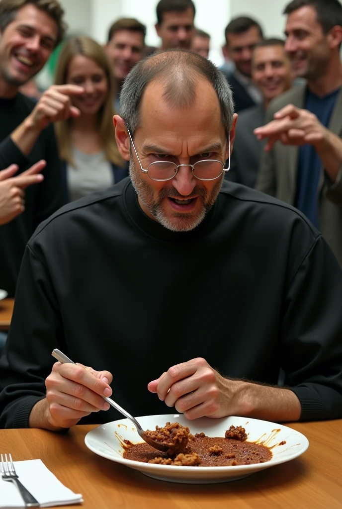 Steve Jobs eating from a plate of moist 💩. He looks angry. There's a small crowd of people standing behind him pointing at him and laughing.