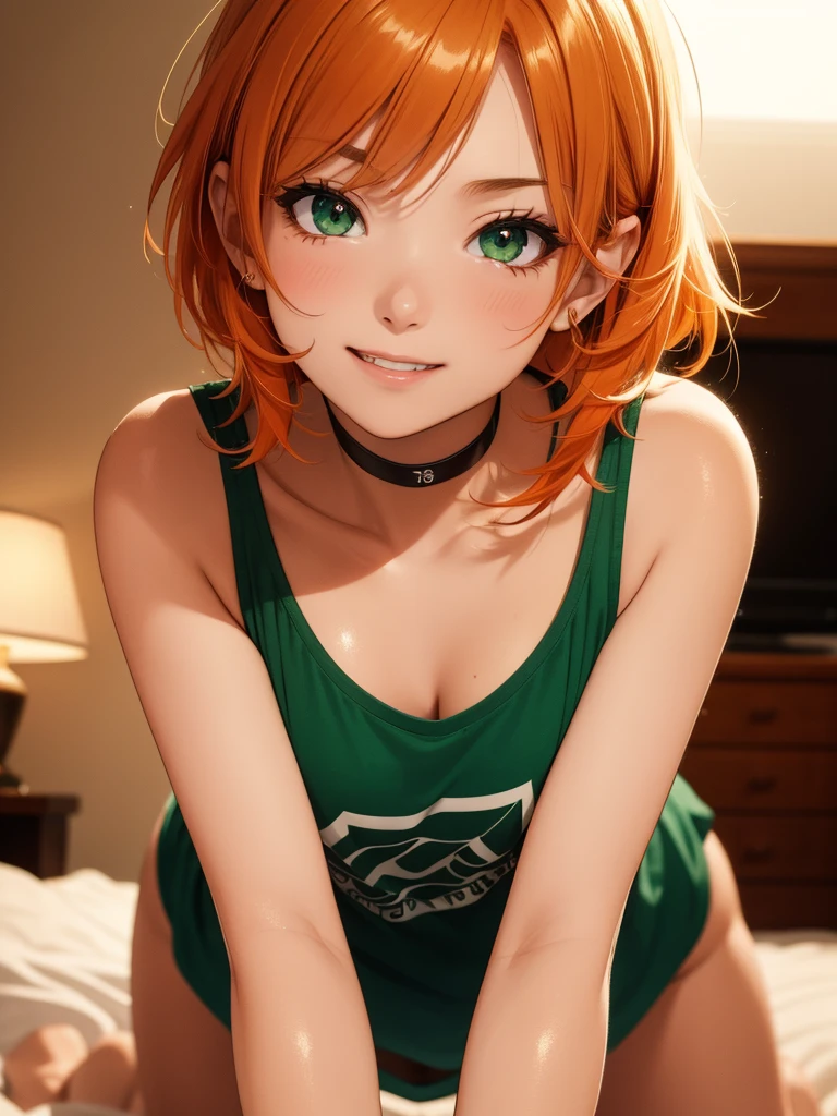 super high image, super detail, super high resolution, cute 18 year old girl, crawling on all fours, facial close-up, skinny, small breasts, no cleavage, highly detailed face, moist shiny lips, grinning, mischievous, light-orange hair, messy wild short hair, green sparkling eyes, glossy dark eyeshadow, shiny skin, choker, t-shirt, night time, bedroom, bokeh, photography