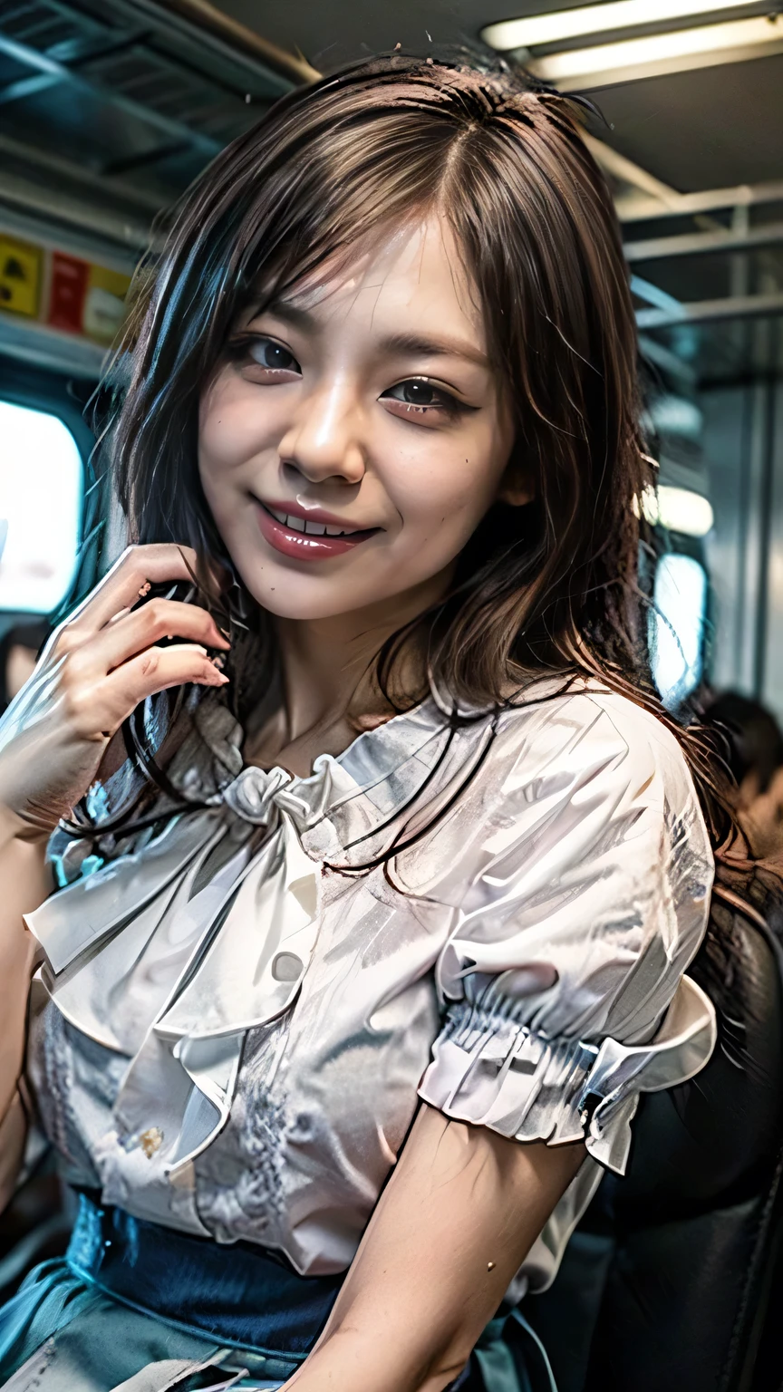 (A big smile、Squint your eyes and laugh)、(Realistic、Like a photograph、Live Action、8k, Realistic, RAW Photos, Best image quality: 1.4), Single-lens reflex camera、RAW Photos, Highest quality, Realistic, Highly detailed CG Unity 8k wallpaper, Written boundary depth, Cinematic Light, Lens flare, Ray Tracing, Realistic background、A landmine girl waiting for someone、((Wearing a white blouse:1.4)、((wear a frilly skirt:1.1)、Small breasts))、((Ultra-Dense Skin))、 1 person、standing front of train station, Waiting for someone while looking at a smartphone、The whole body is visible:1.5、(Long hair with pink inner color:1.2、My hair is blowing in the wind)、stylish ambiance、The perfect outfit、(White skin)、Precise and beautiful legs:1.1、View from below、Highly detailed face、Anatomically correct body、Accurate fingering