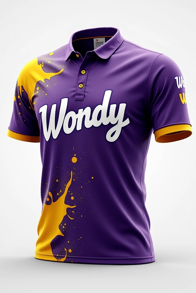 Uniform shirt with the name WONDY in white with a modern and fun design in purple and lots of yellow 