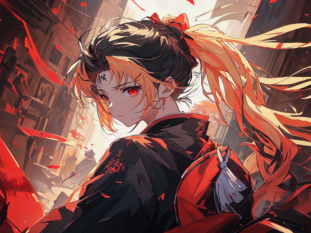 Long-haired red-eyed anime girl standing in front of a building, Anime style 4k, Demon Slayer Rui Fan Art, Bad guy anime 8k, Ghost Slayer Art Style, author：Yang J, From Ark of Tomorrow, official art works, Ayaka Genshin Impact, Anime style like fate/overnight, Anime Wallpaper4k, Anime Wallpaper4K, Anime Wallpaper