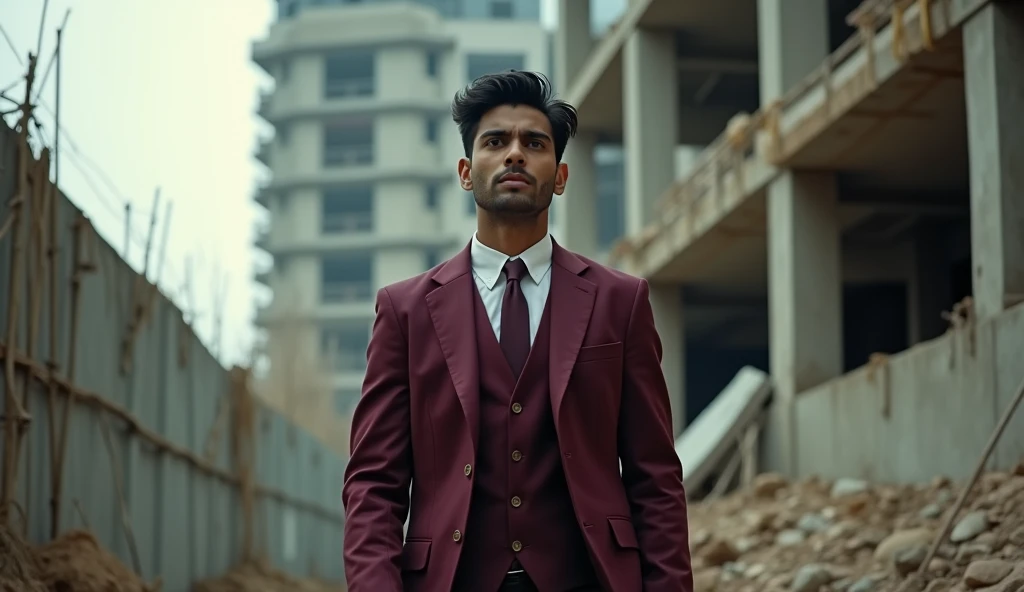 A 24 year old Indian handsome man named Vicky is roaming around near an under construction building. He is wearing maroon 3 pice suit. and he is terrified