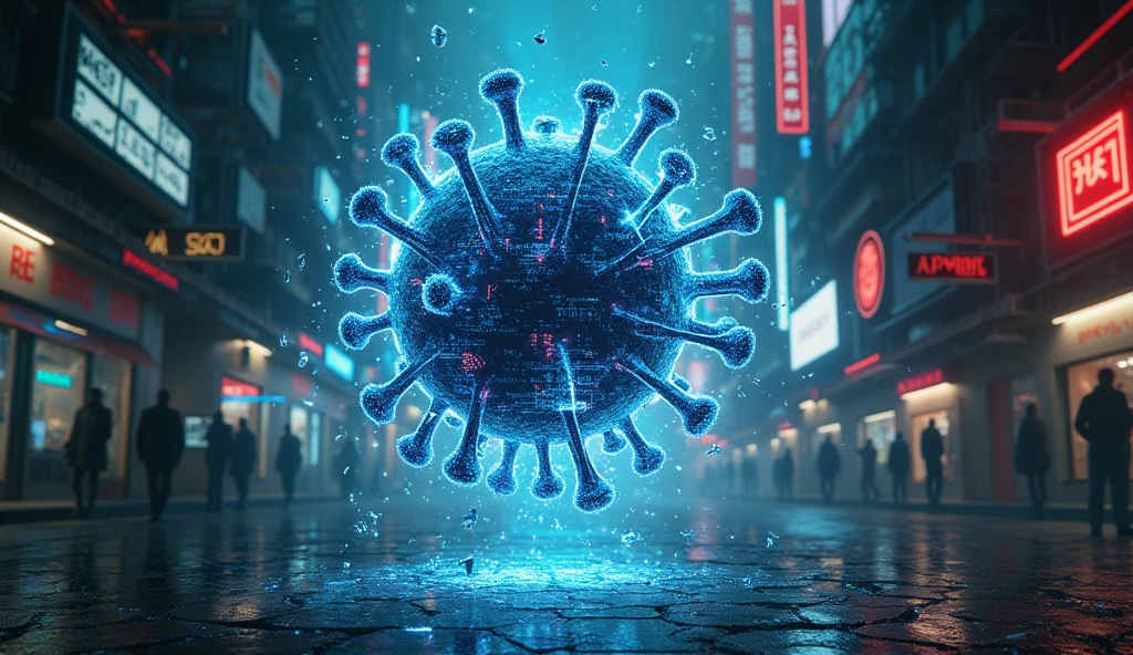 (Glitch Art), holographic WiFi virus attached