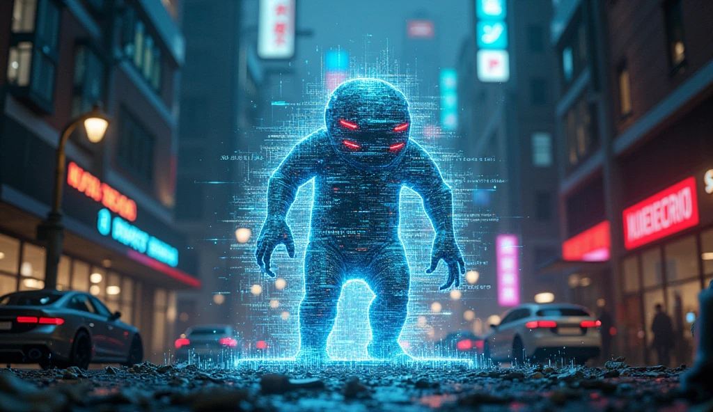 (Glitch Art), holographic WiFi virus attached