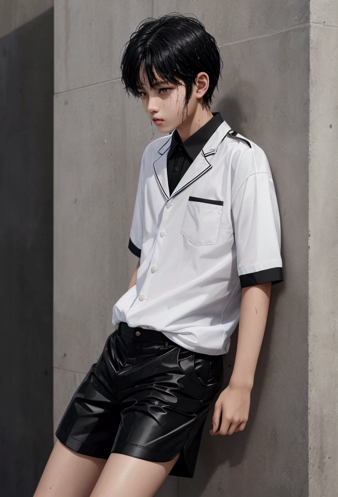 Uniform wet from rain Shorts 10Teenage Boy Fair skin Black Hair