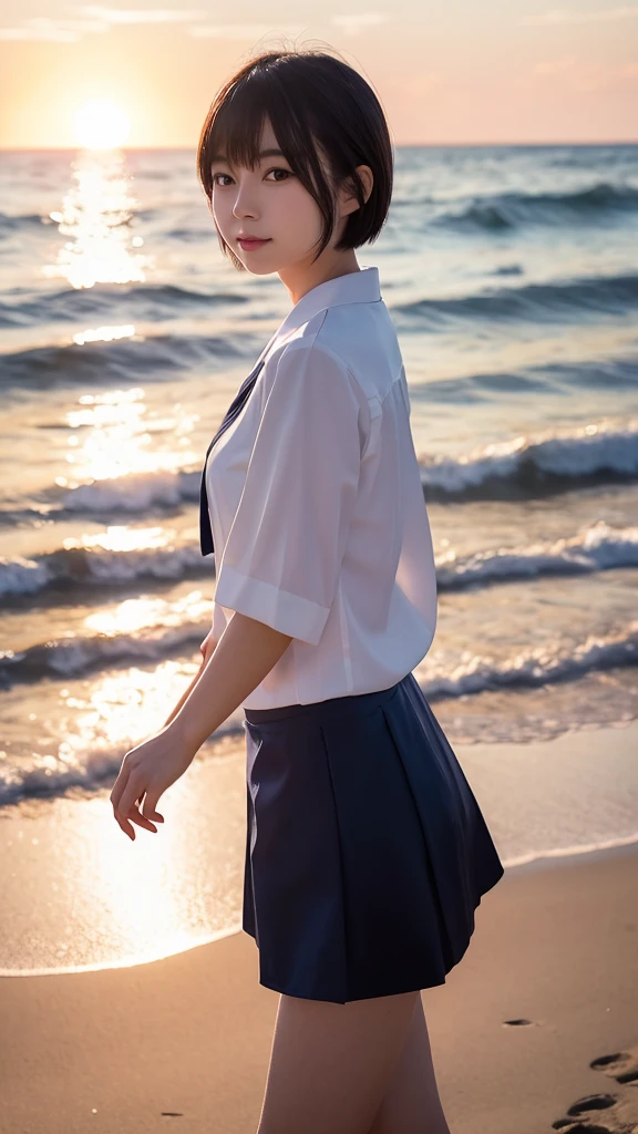 A stunning Japanese girl with short, bobbed hair, dressed in a navy blue mini skirt and a white sailor-style blouse. She is walking along a beach at sunset with the ocean waves gently lapping at her feet.