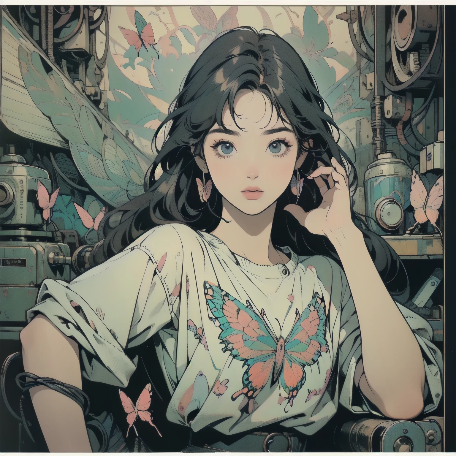(((masterpiece, Highest quality)))、(((32K Wallpapers)))、The most detailed machine、((Outdated machinery and a woman)))、The most detailed background、(((Flat Chest)))、(((Surrounded by many complex, sophisticated, Outdated machinery)))、Upper Body、 (One person:1.2), ((((Model Pose))))、((Monochrome))、perfect headphones、(((Perfect Face)))、(((The most complete Outdated machinery)))、Detailed Hair、Short sleeve white T-shirt、Colorful hair color、(((Mechanical Butterfly))), (((Lots of cables)))