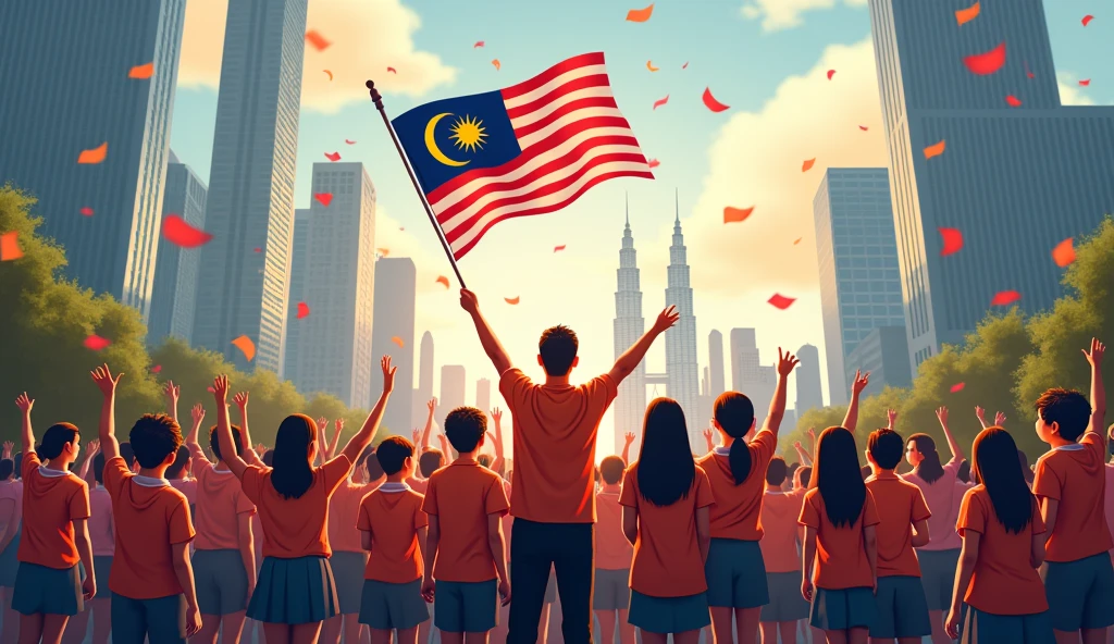 At klcc with a group of students , family are holding a flag to celebrating independence days .aspect ratio 16:9