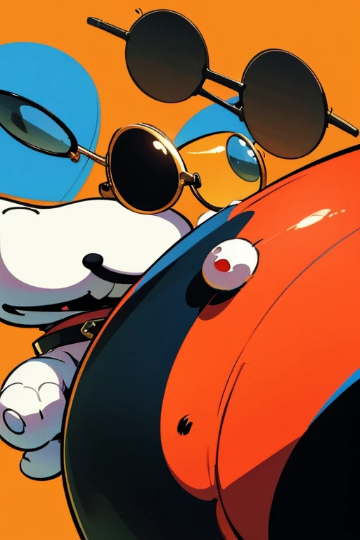 a close up of a snoopy wearing sunglasses and a jacket, inspired by Charles Schulz, vibrant cartoon art, inspired by Bill Watterson, in style of andy warhol, mike judge art style, looking heckin cool and stylish, splash art, vibrant colors