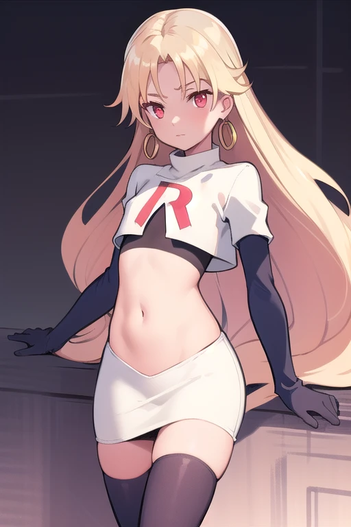 best quality, (masterpiece:1.2), illustration, absurdres,
(1girl, solo), (beautiful detailed girl), (cowboy shot),,
Roselia Millstein, blond hair, very long hair, red eyes, flat chest,
earrings, team rocket,team rocket uniform,white skirt,red letter R,crop top,black thigh-highs,black elbow gloves,
