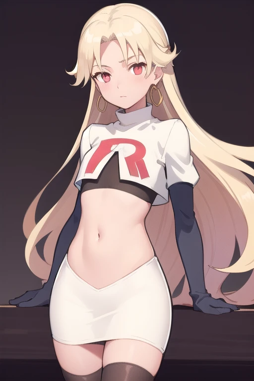 best quality, (masterpiece:1.2), illustration, absurdres,
(1girl, solo), (beautiful detailed girl), (cowboy shot),,
Roselia Millstein, blond hair, very long hair, red eyes, flat chest,
earrings, team rocket,team rocket uniform,white skirt,red letter R,crop top,black thigh-highs,black elbow gloves,
