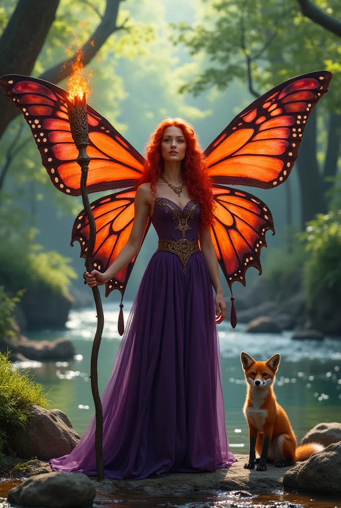 40-year-old redheaded woman with very voluminous hair. She wears a simple purple Celtic dress with small gold details.. She holds a staff with a flame at the end., and has red flaming moth wings. There is a little fox next to him. They are both standing at a stream in the middle of the forest.