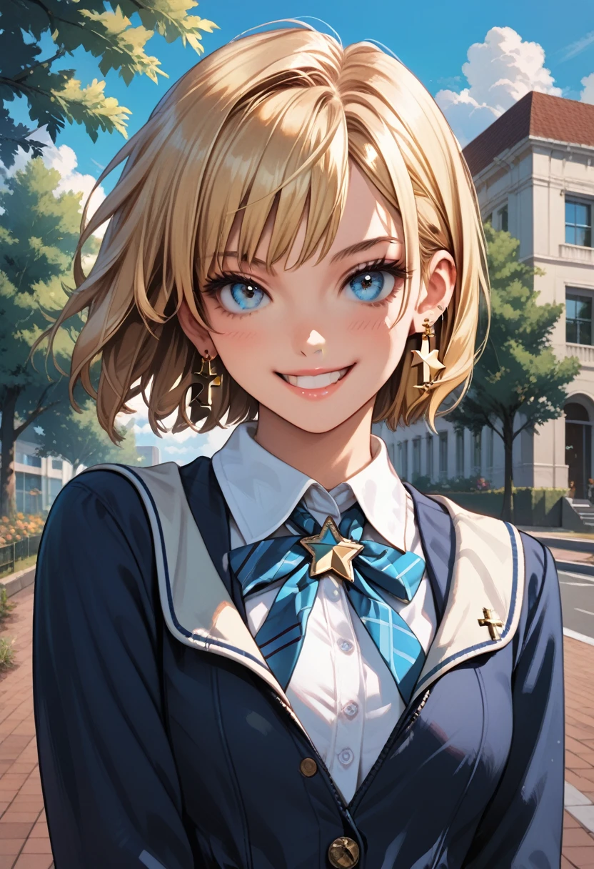 masterpiece,beautiful,detailed,best quality, expressive eyes, perfect face,Hands-On-Waist,((full_body_portrait)),sexy,schoolgirl,1girl, blonde_hair, jewelry, earrings, solo, blue_eyes, smile, looking_at_viewer, short_hair, jacket, outdoors, school_uniform, star_earrings, shirt, cross_earrings, collared_shirt,sexy_pose, tree, white_shirt, star_(symbol), bangs, building, grin, BREAK score_9, score_8_up, score_7_up, , source_cartoon, rating_explicit