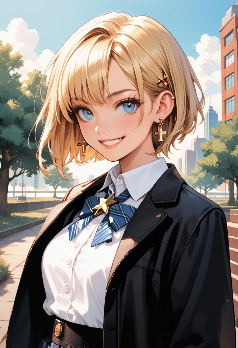 masterpiece,beautiful,detailed,best quality, expressive eyes, perfect face,Hands-On-Waist,((full_body_portrait)),sexy,schoolgirl,1girl, blonde_hair, jewelry, earrings, solo, blue_eyes, smile, looking_at_viewer, short_hair, jacket, outdoors, school_uniform, star_earrings, shirt, cross_earrings, collared_shirt,sexy_pose, tree, white_shirt, star_(symbol), bangs, building, grin, BREAK score_9, score_8_up, score_7_up, , source_cartoon, rating_explicit