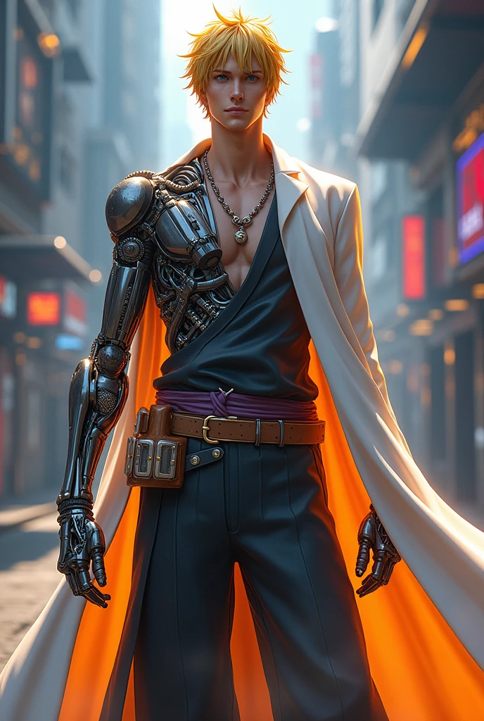 Sanji in one piece movie, half robot appearance, has a robe with glowing sides. Digital Arts