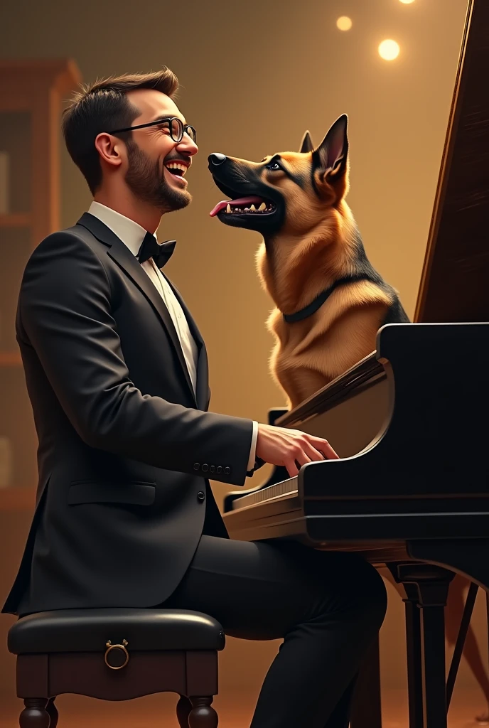 Man singing with German Shepherd, They are both singing, next to a piano